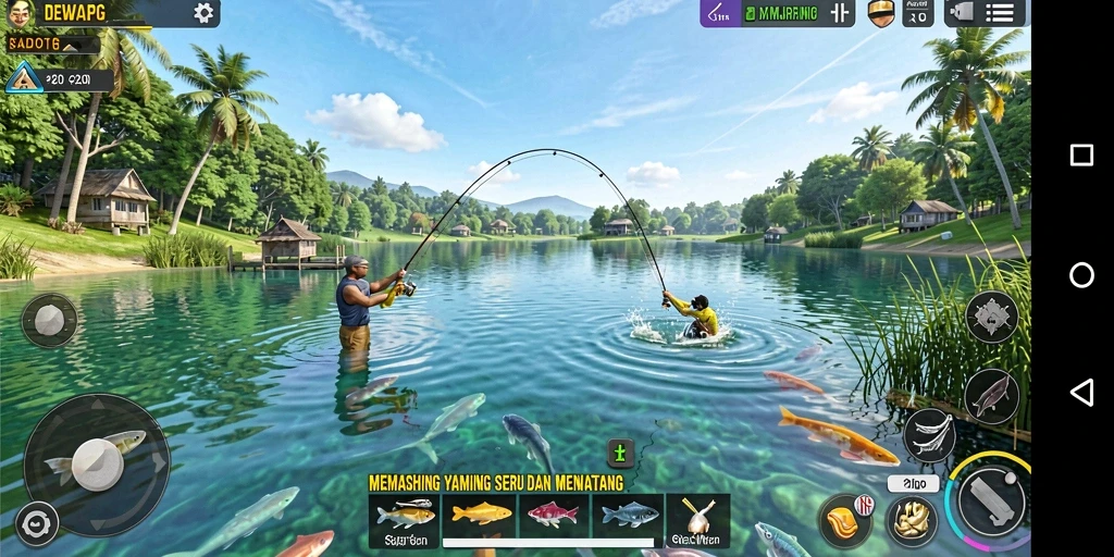 Screenshot DEWAPG menunjukkan gameplay memancing yang menarik dan mendebarkan.