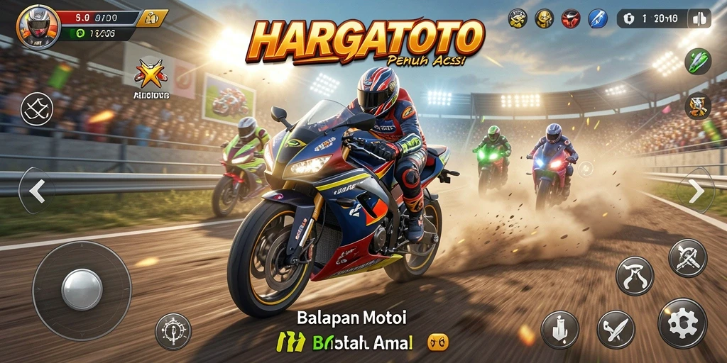 Screenshot utama dari HARGATOTO menampilkan aksi balapan motor yang intens.
