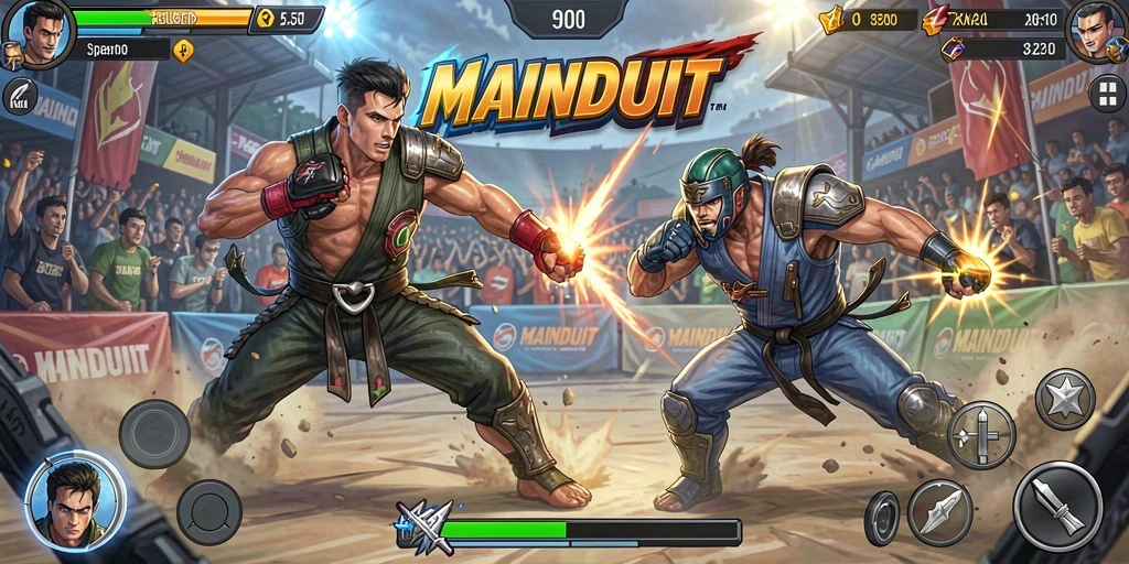 Gameplay MAINDUIT menampilkan pertarungan yang intens dan mendebarkan.
