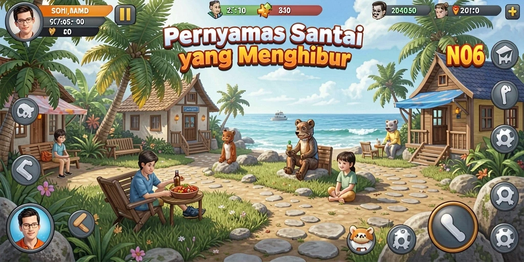 Tampilan gameplay N06 dengan karakter lucu dan warna-warna cerah.