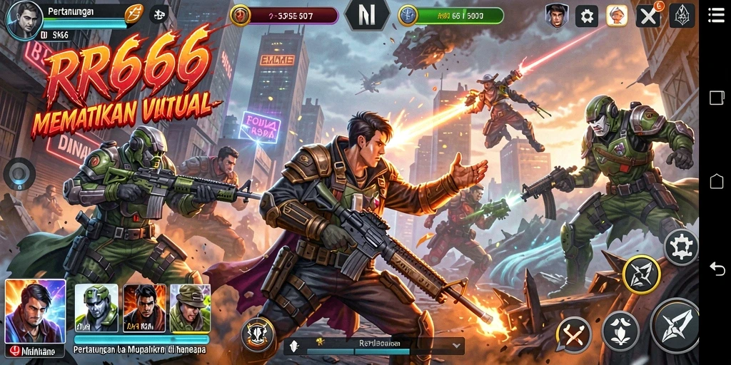 Screenshot utama dari gameplay RR666 dengan pertarungan yang intens.